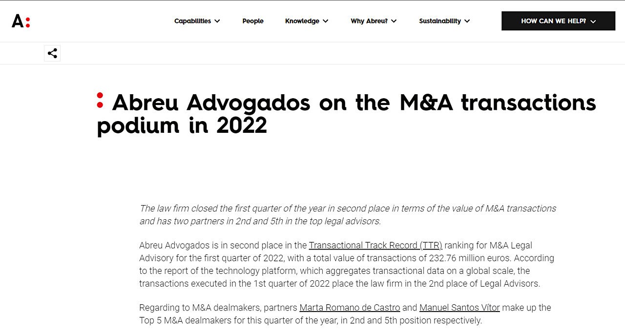 Abreu Advogados on the M&A transactions podium in 2022